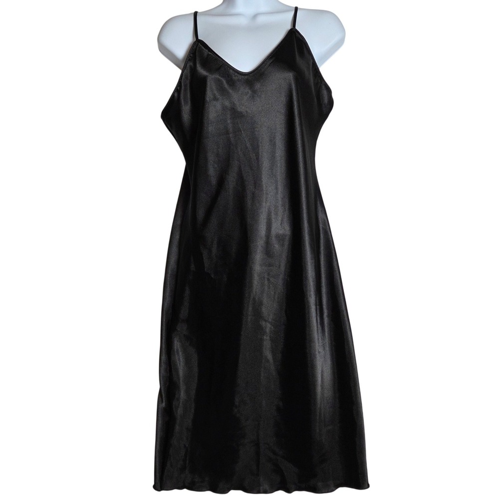 Bebe Slip Dress L Black Satin V-Neck Spaghetti Strap Minimalist Y2K Goth